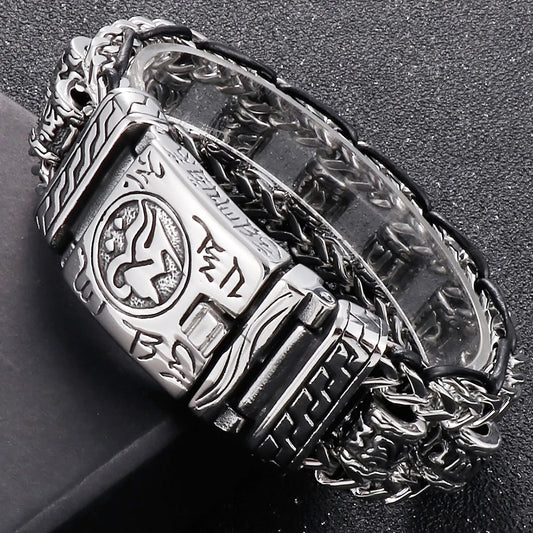 Religious Man Bracelet Stainless Steel 22MM Width Buddhist Scriptures Link Men's Bracelets Leather Wristband On Hand Jewelry