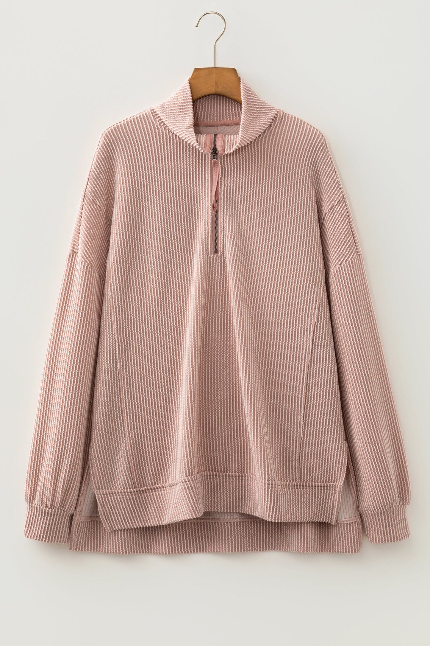 Corded Knit Zipper Collar Drop Shoulder Long Sleeve Top