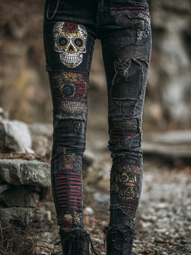 Jean femme en denim Pantalon femme avec imprimés floraux 3D colorés