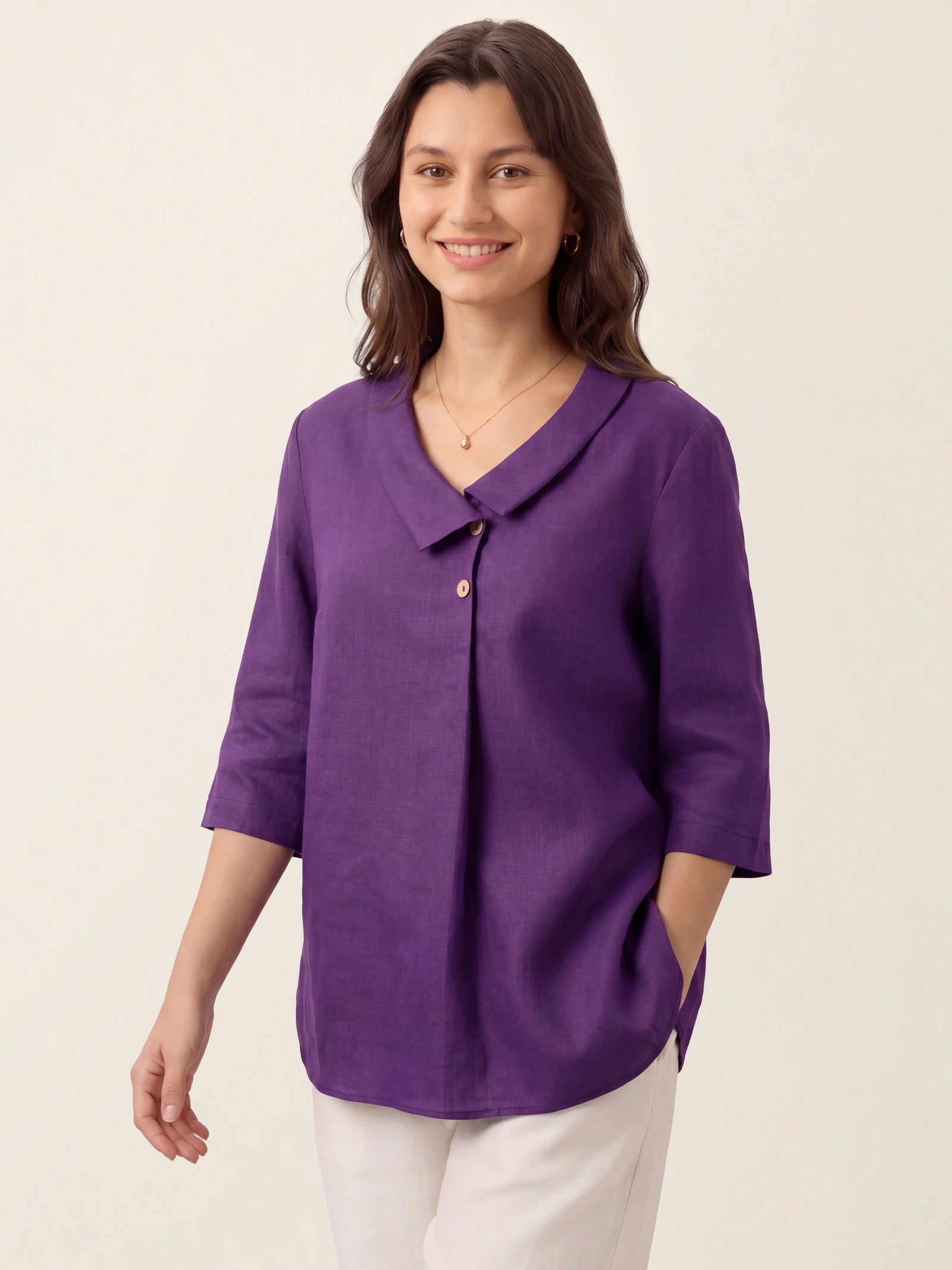 Haut en lin 100 % à col asymétrique et pli inversé OTTILIE