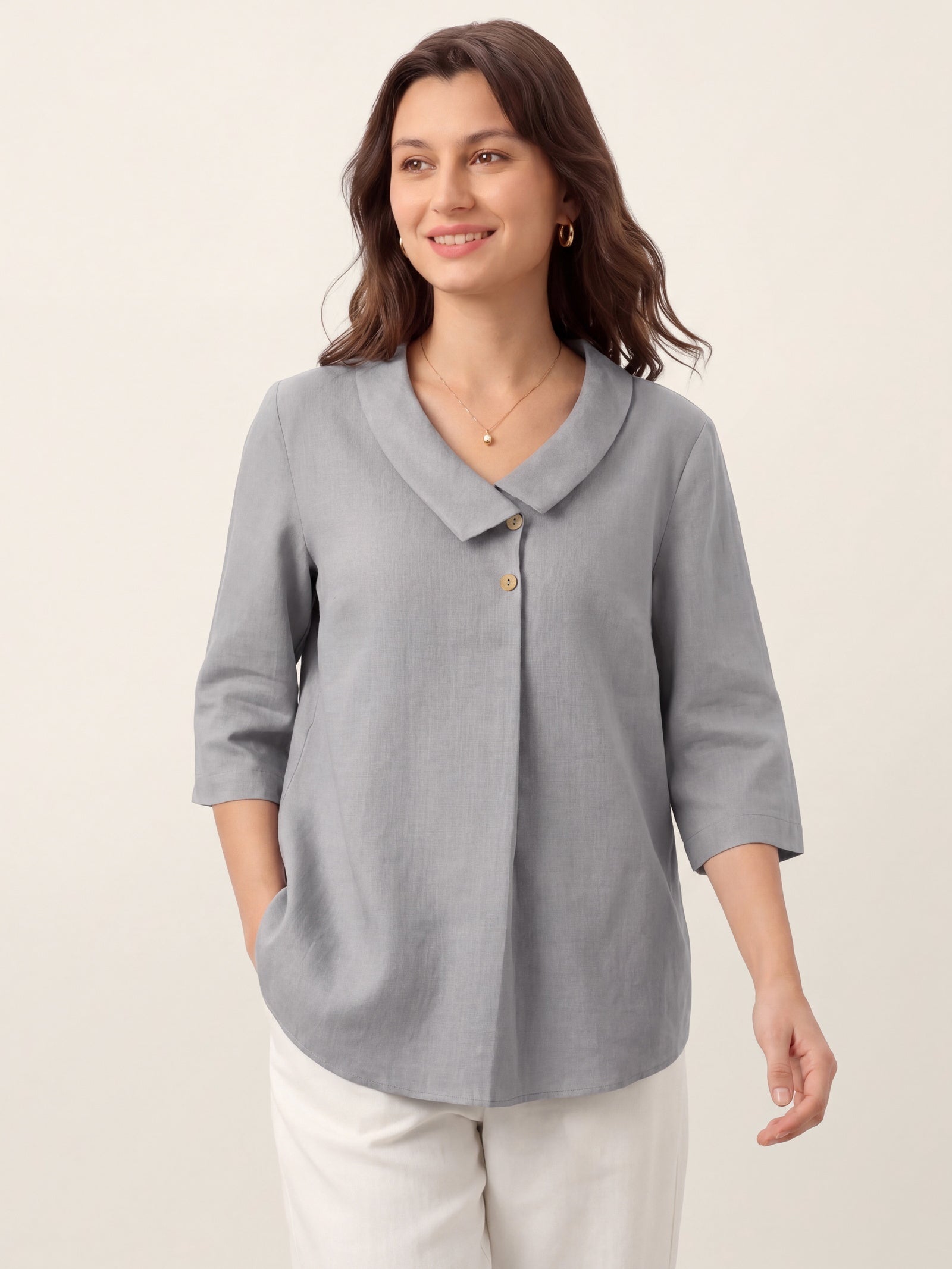 Haut en lin 100 % à col asymétrique et pli inversé OTTILIE