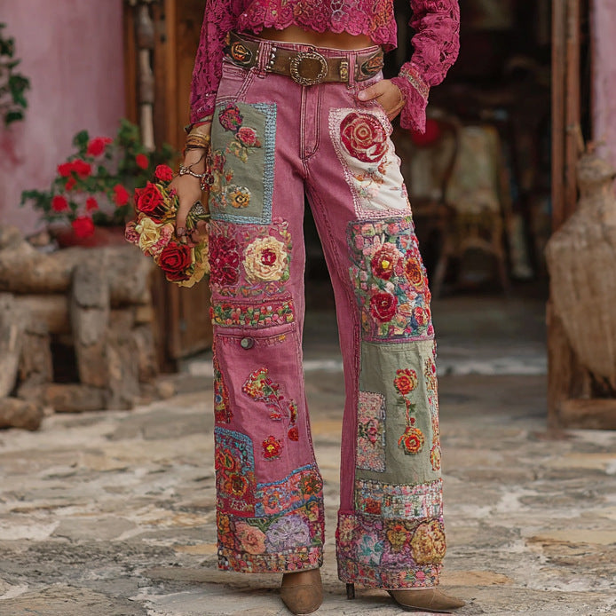 Jean femme en denim Pantalon femme avec imprimés floraux 3D colorés