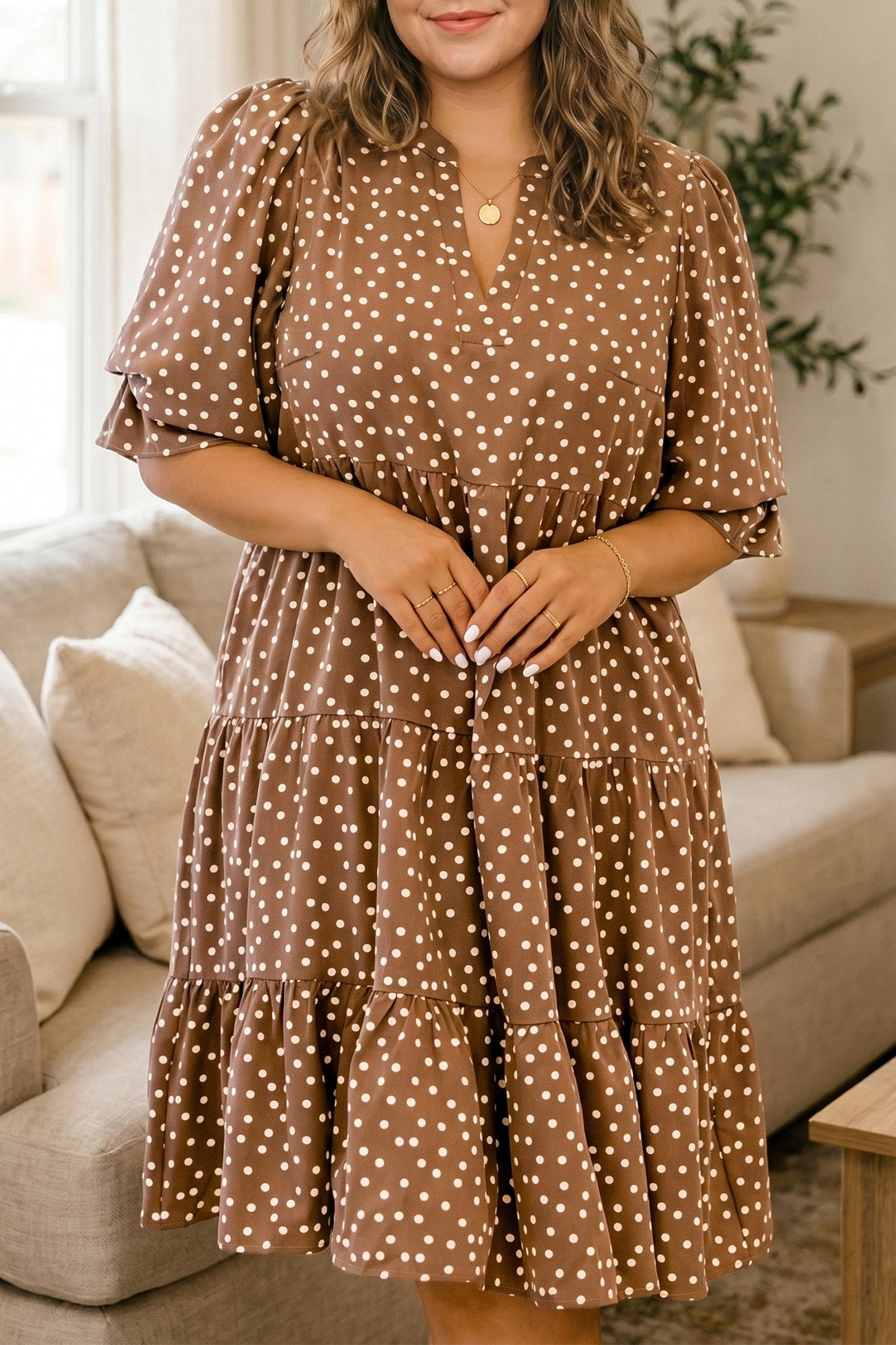 Brown V Neck Polka Dot Long Sleeve Shift Plus Size Dress