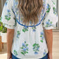 White Floral Print Contrast Trim Tie Neck Blouse