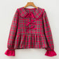 Plaid Collared Bow Tie Ruffle Long Sleeve Blouse
