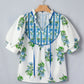 White Floral Print Contrast Trim Tie Neck Blouse