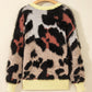 Leopard Colorblock Trim Drop Shoulder Fuzzy Sweater