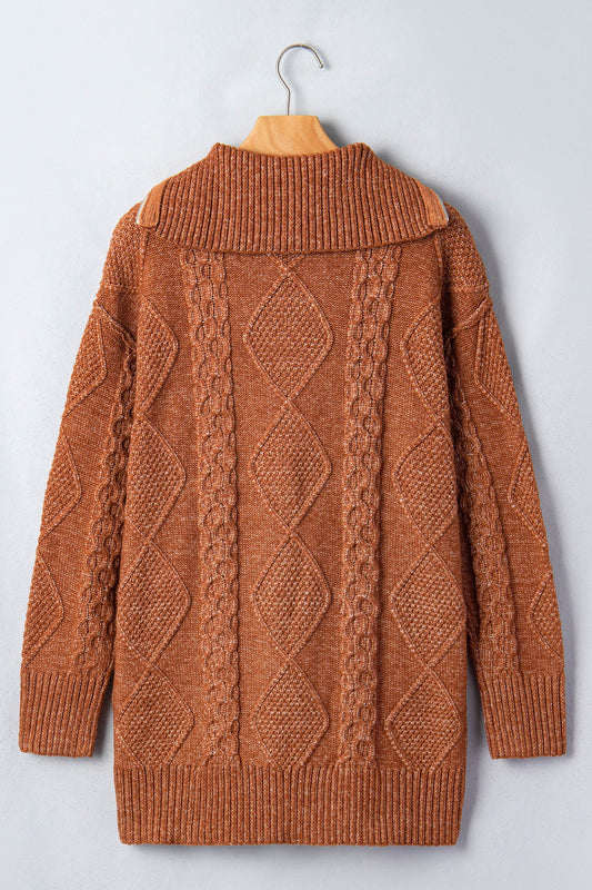 Solid Cable Knit Zip-Up Collar Long Sleeve Sweater Dress