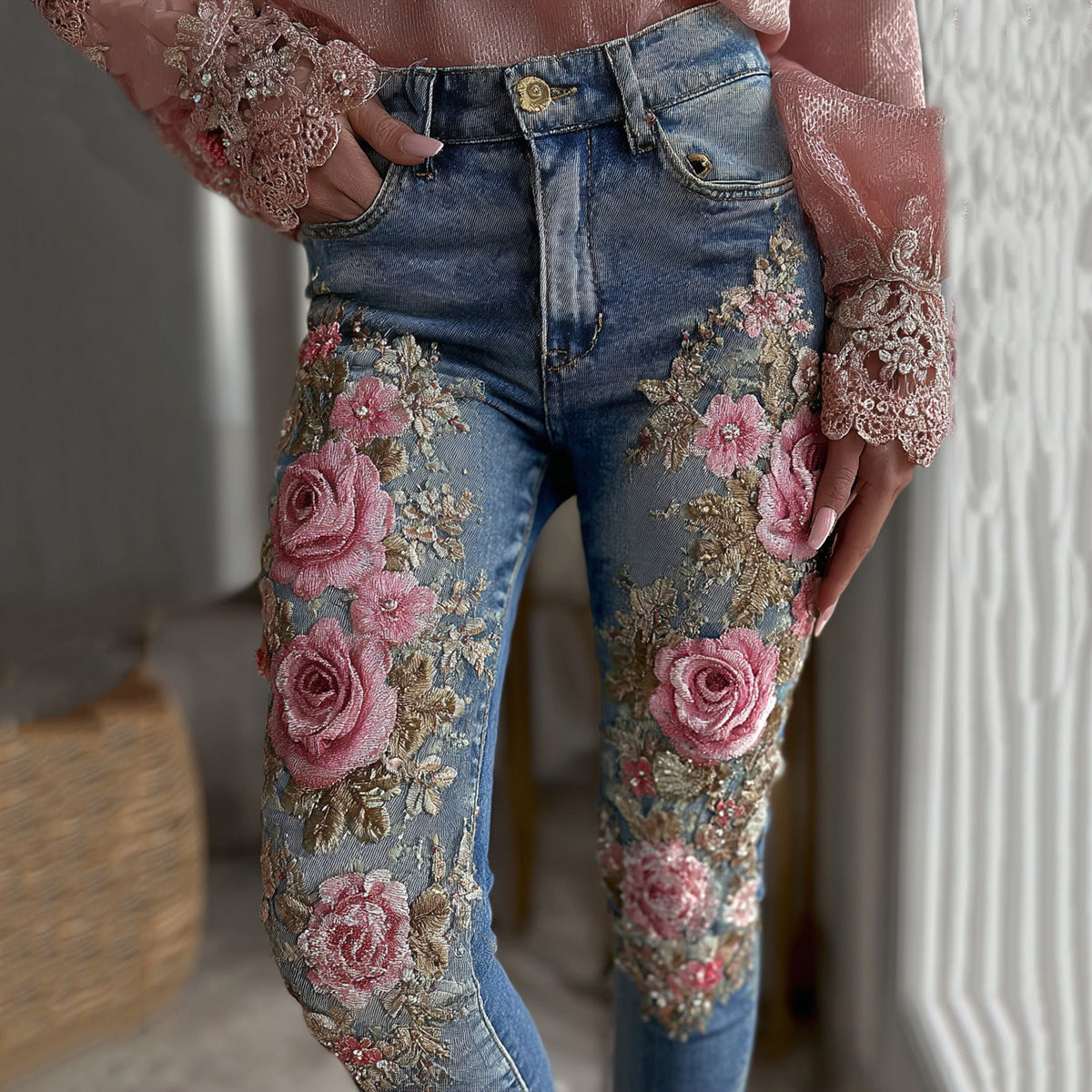 Jean femme en denim Pantalon femme avec imprimés floraux 3D colorés