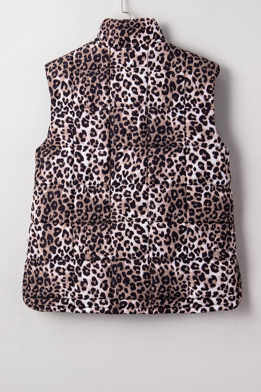 Leopard Quilted Sleeveless Zip Up Puffer Vest