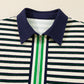 Stripe Contrast Zip Collared V-Neck Long Sleeve Top
