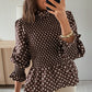 Brown Polka Dot Ruffled High Neck Shirred Ruffle Hem Blouse