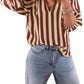 Brown Stripe V Neck Half Sleeve Casual Blouse