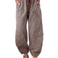 Khaki Leopard Print Elastic Waist Ankle Length Pants