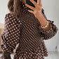 Brown Polka Dot Ruffled High Neck Shirred Ruffle Hem Blouse