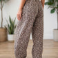 Khaki Leopard Print Elastic Waist Ankle Length Pants