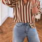 Brown Stripe V Neck Half Sleeve Casual Blouse