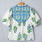 White Floral Print Contrast Trim Tie Neck Blouse