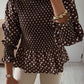 Brown Polka Dot Ruffled High Neck Shirred Ruffle Hem Blouse