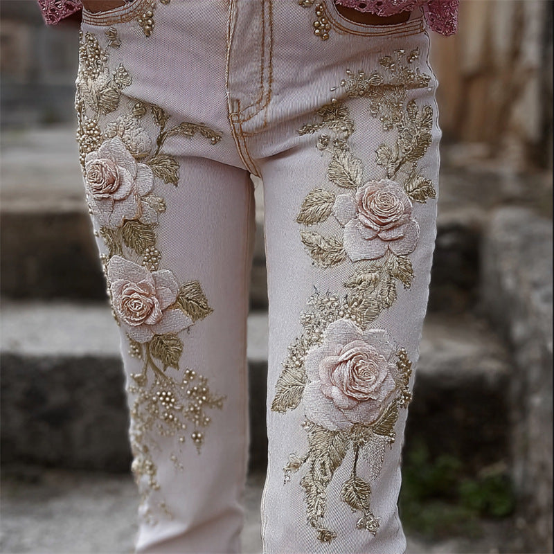 Jean femme en denim Pantalon femme avec imprimés floraux 3D colorés