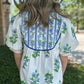 White Floral Print Contrast Trim Tie Neck Blouse