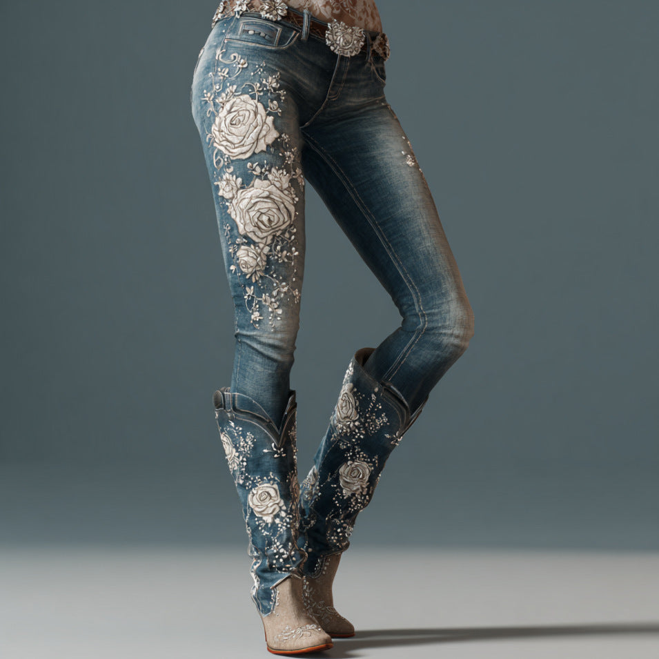 Jean femme en denim Pantalon femme avec imprimés floraux 3D colorés