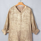 Metallic V-Neck Button Cuff Dolman Sleeve Blouse