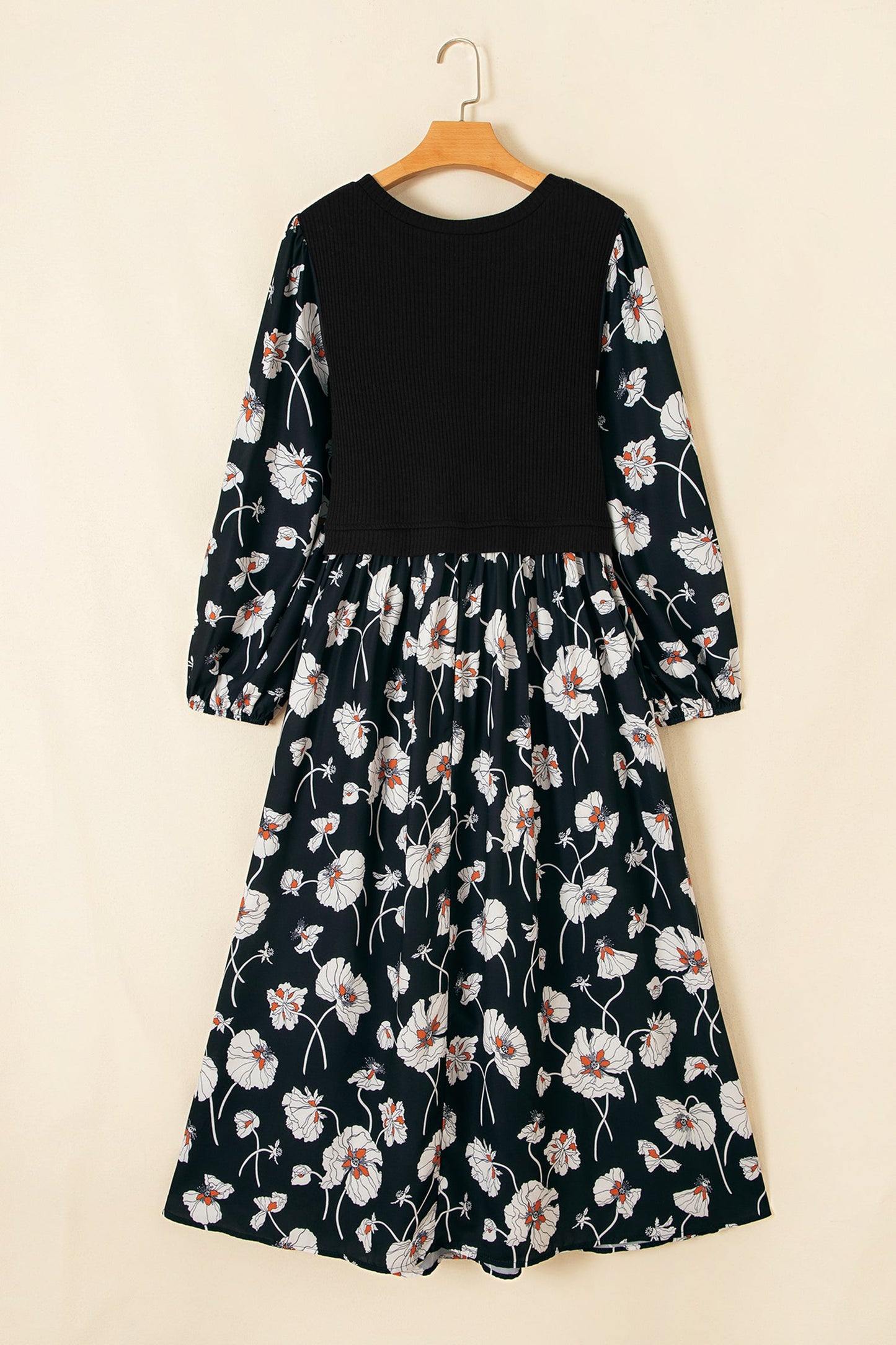 Plus Size Floral Ribbed Patchwork Long Sleeve Midi Dress