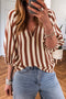 Brown Stripe V Neck Half Sleeve Casual Blouse