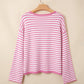Stripe Button Placket Drop Shoulder Long Sleeve Sweater