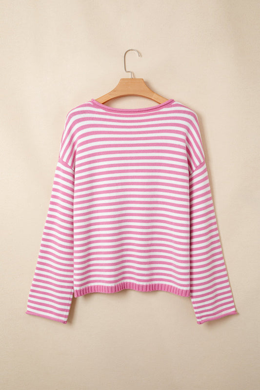 Stripe Button Placket Drop Shoulder Long Sleeve Sweater