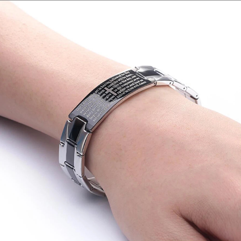 VQYSKO Men's Bracelets Trendy Jesus Christian Cross Stainless Steel Bangle Fashion Jewelry