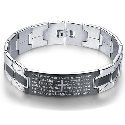 VQYSKO Men's Bracelets Trendy Jesus Christian Cross Stainless Steel Bangle Fashion Jewelry