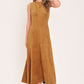 HARVEST MOON CAMEL FAUX SUEDE FIT & FLARE MIDI DRESS
