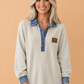 Denim Patchwork Collared Ribbed Knit Long Sleeve Top