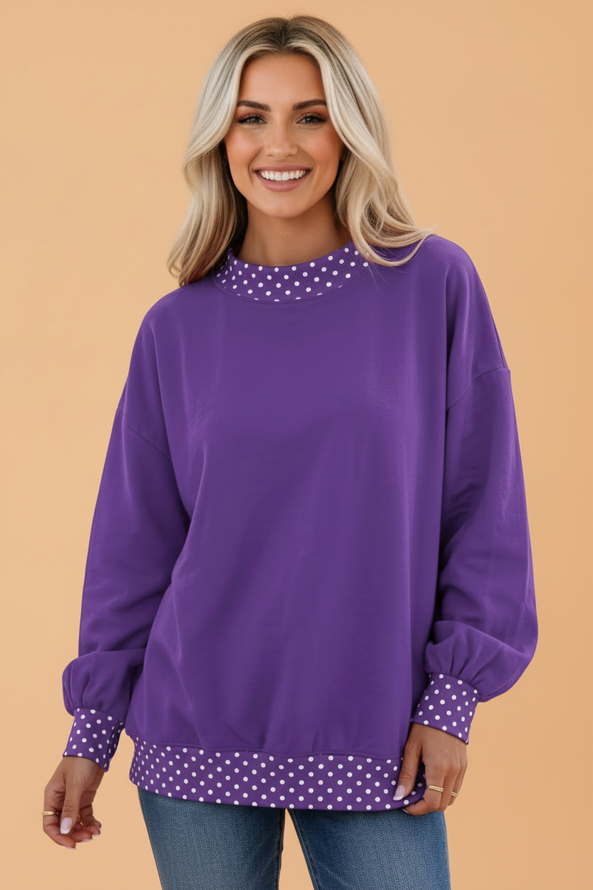 Polka Dot Contrast Trim Mock Neck Sweatshirt