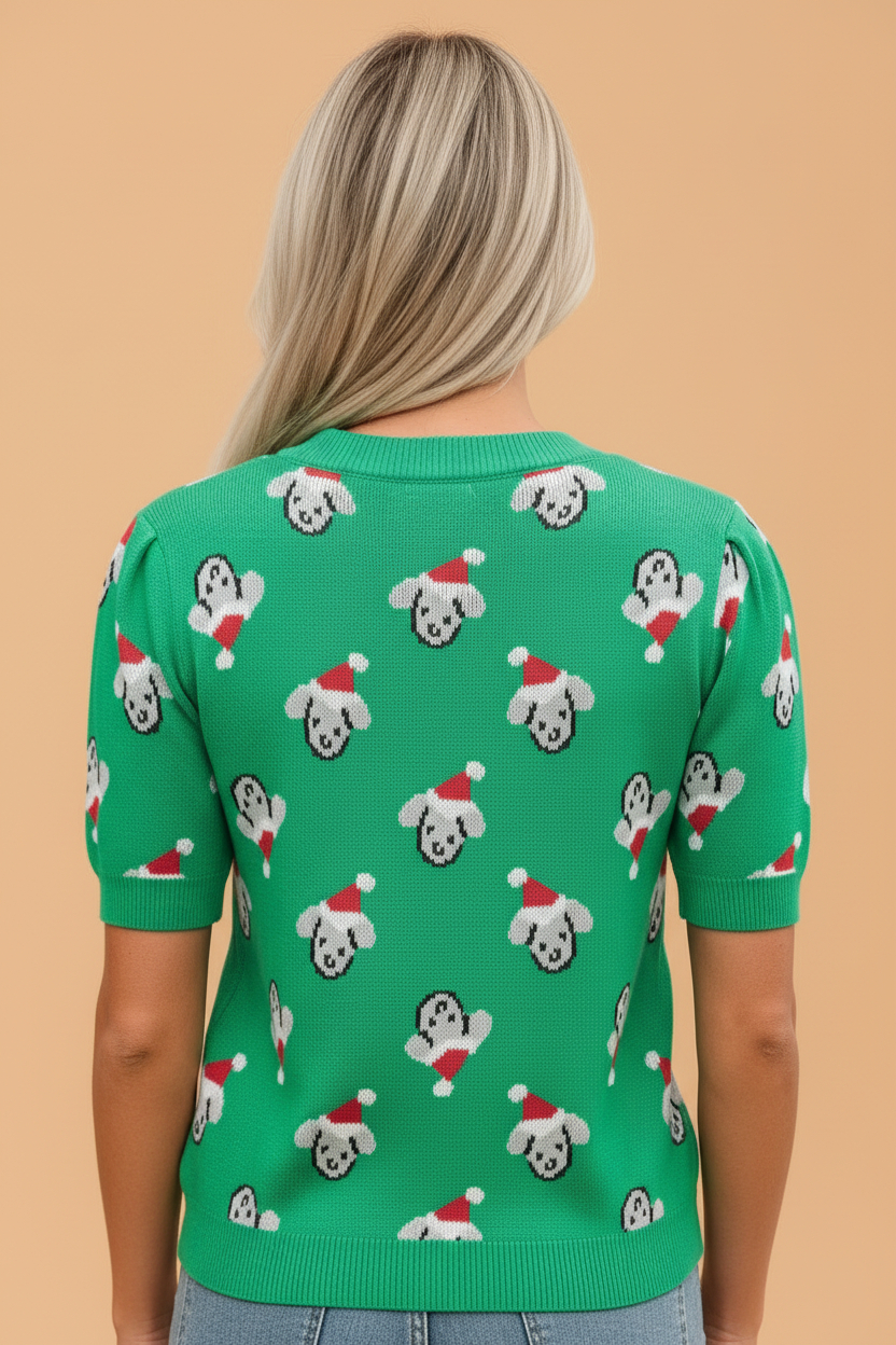 Christmas Dog Print Short Puff Sleeve Knit Top