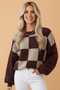 Checker Colorblock Ribbed Trim Textured Knit Sweater