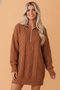 Solid Cable Knit Zip-Up Collar Long Sleeve Sweater Dress