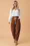 Solid Corduroy Drawstring Waist Pleated Barrel Pants