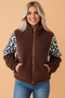 Leopard Patchwork Fleece Zip-Up Collared Jacket