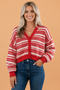 Geometric Stripe Button Front V-Neck Knit Cardigan