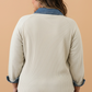 Plus Size Denim Patchwork Collared Ribbed Knit Blouse