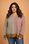 Plus Size Stripe V-Neck Reverse Seam Long Sleeve Blouse
