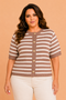 Plus Size Stripe Short Sleeve Button Front Cardigan