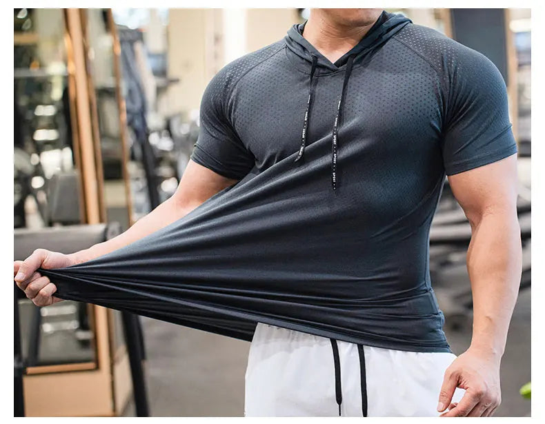 Men Running Hoodies Bodybuilding Sport Hooded Short Sleeve Gyms Fitness Clothing Muscle Shirt Quick Drying Training T-Shirt