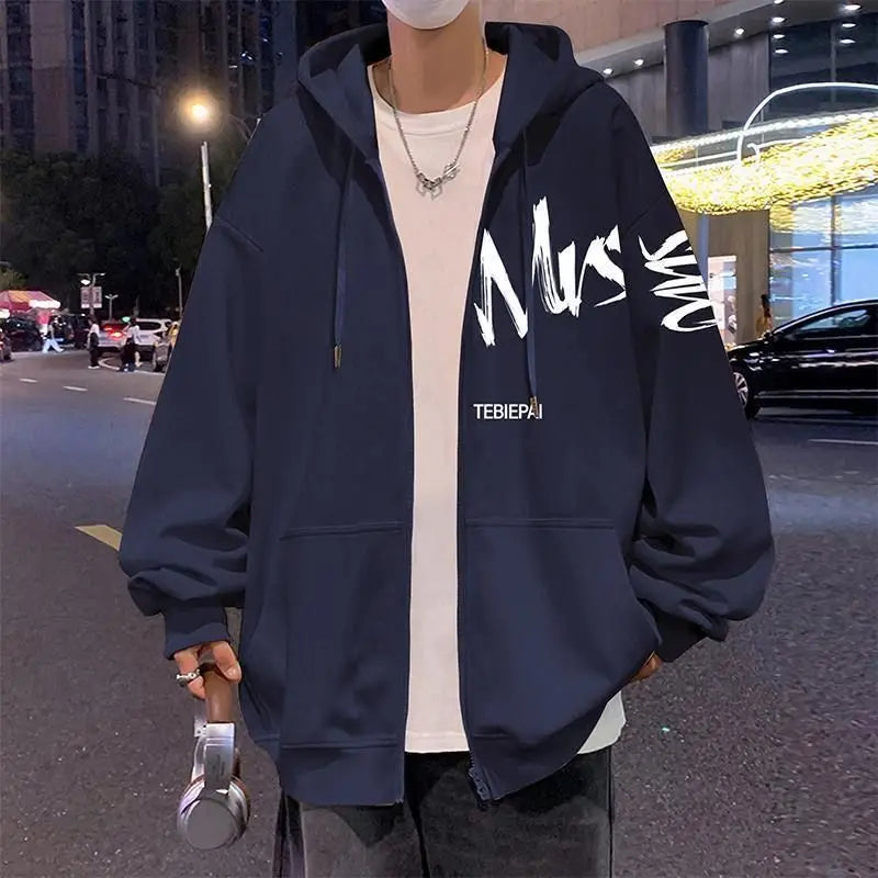 Oversized Zipper Printed Hoodies for Men Loose Casual Fashion Hooded Jacket Solid Color Fashion Sweatshirts Men's Clothing