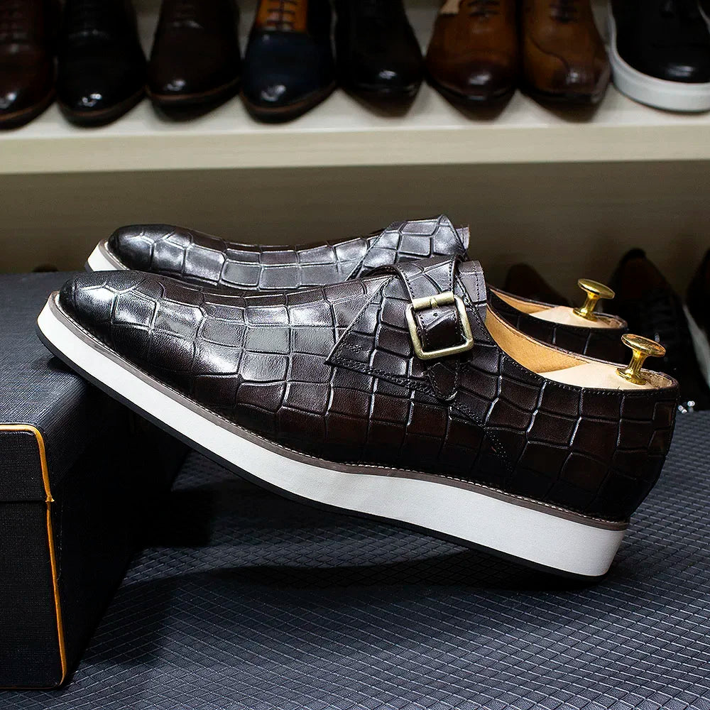 Men's Leather Casual Shoes Crocodile Pattern Luxury Brand Handmade Single Buckle Monk Strap Sneakers Flat Dress Shoes for Men