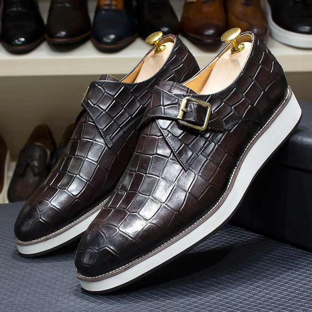 Men's Leather Casual Shoes Crocodile Pattern Luxury Brand Handmade Single Buckle Monk Strap Sneakers Flat Dress Shoes for Men
