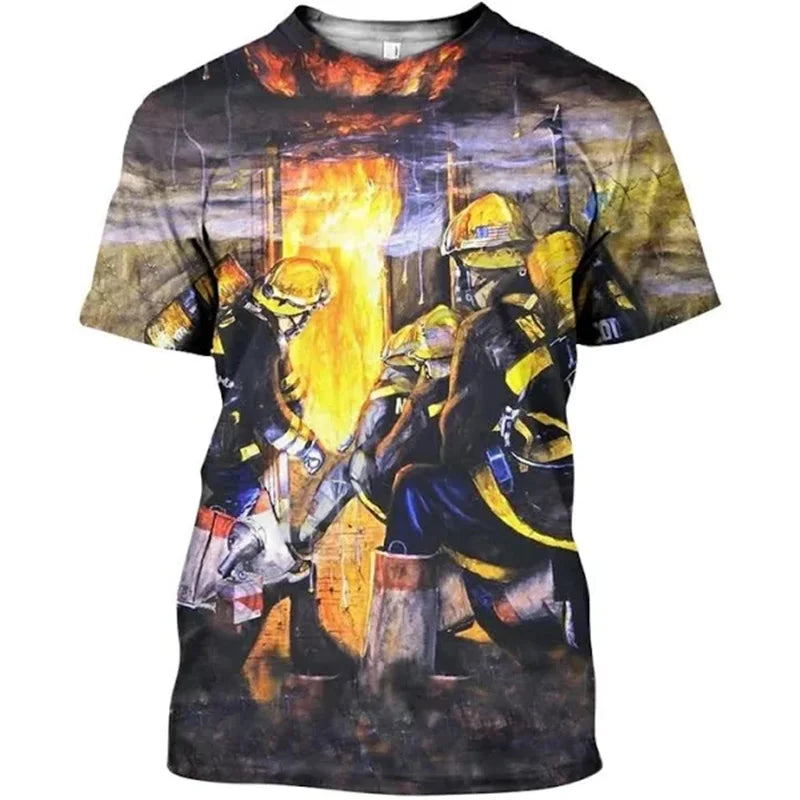 New Summer 3D Firefighter Fireman Print T Shirt Kid Fashion Streetwear Short Sleeves Harajuku Clothing Gym T-shirts For Men Tees